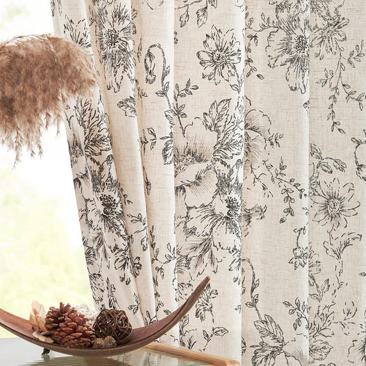 Floral Linen Blend Curtains for Living Room and Bedroom Decor