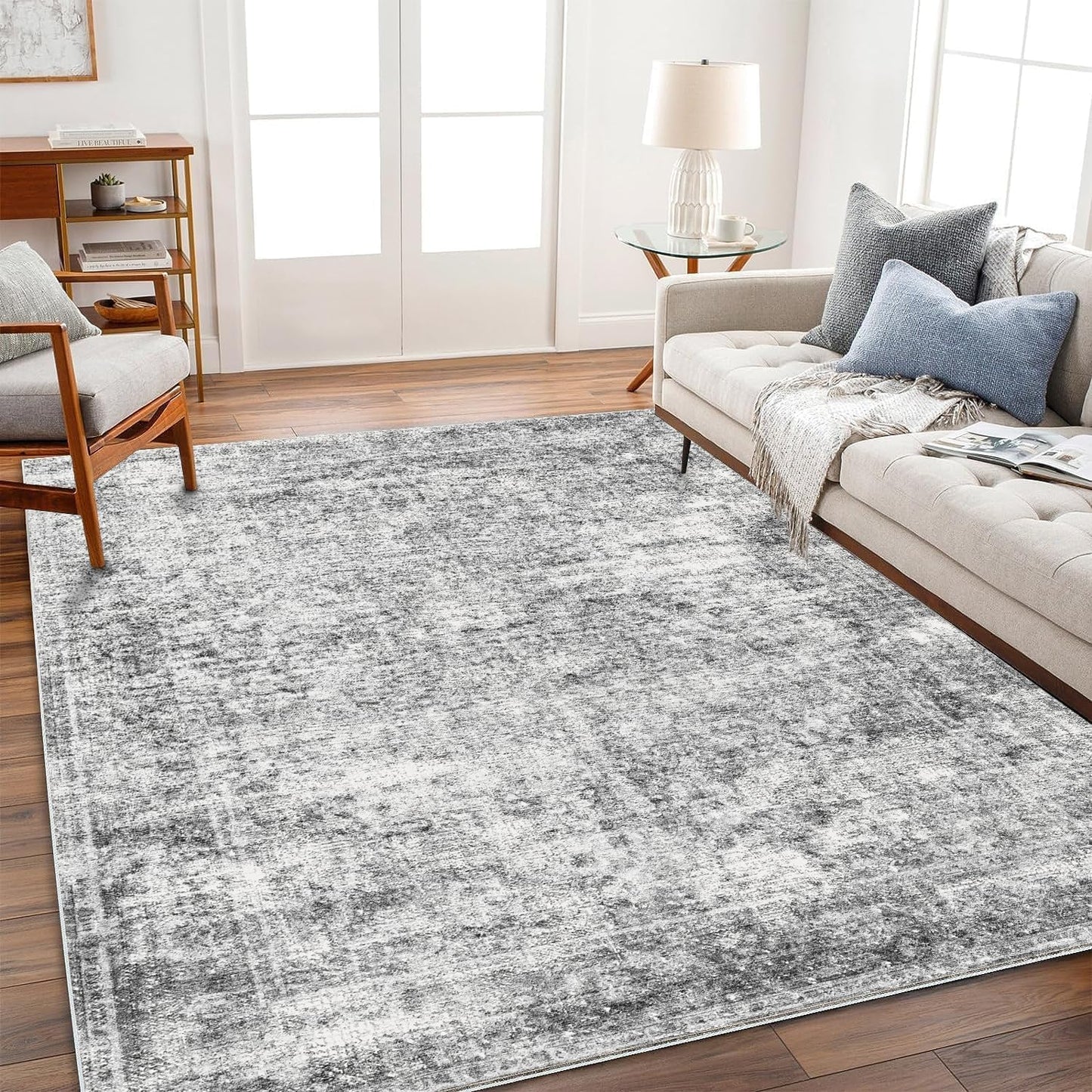 Vintage Traditional Area Rug 9x12 Washable Gray Floral Mat