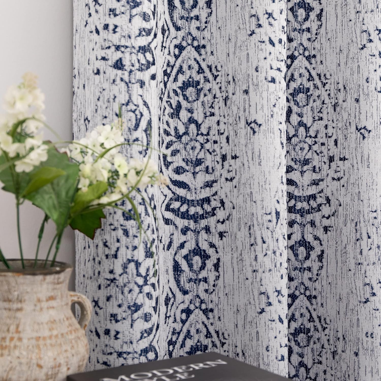 84 Inch Navy Blue Pattern Curtains for Living Room 2 Panel Set