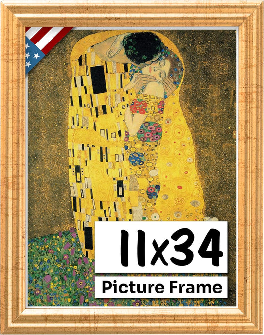 Antique Gold 11x34 Picture Frame - Handmade Solid Wood Decor