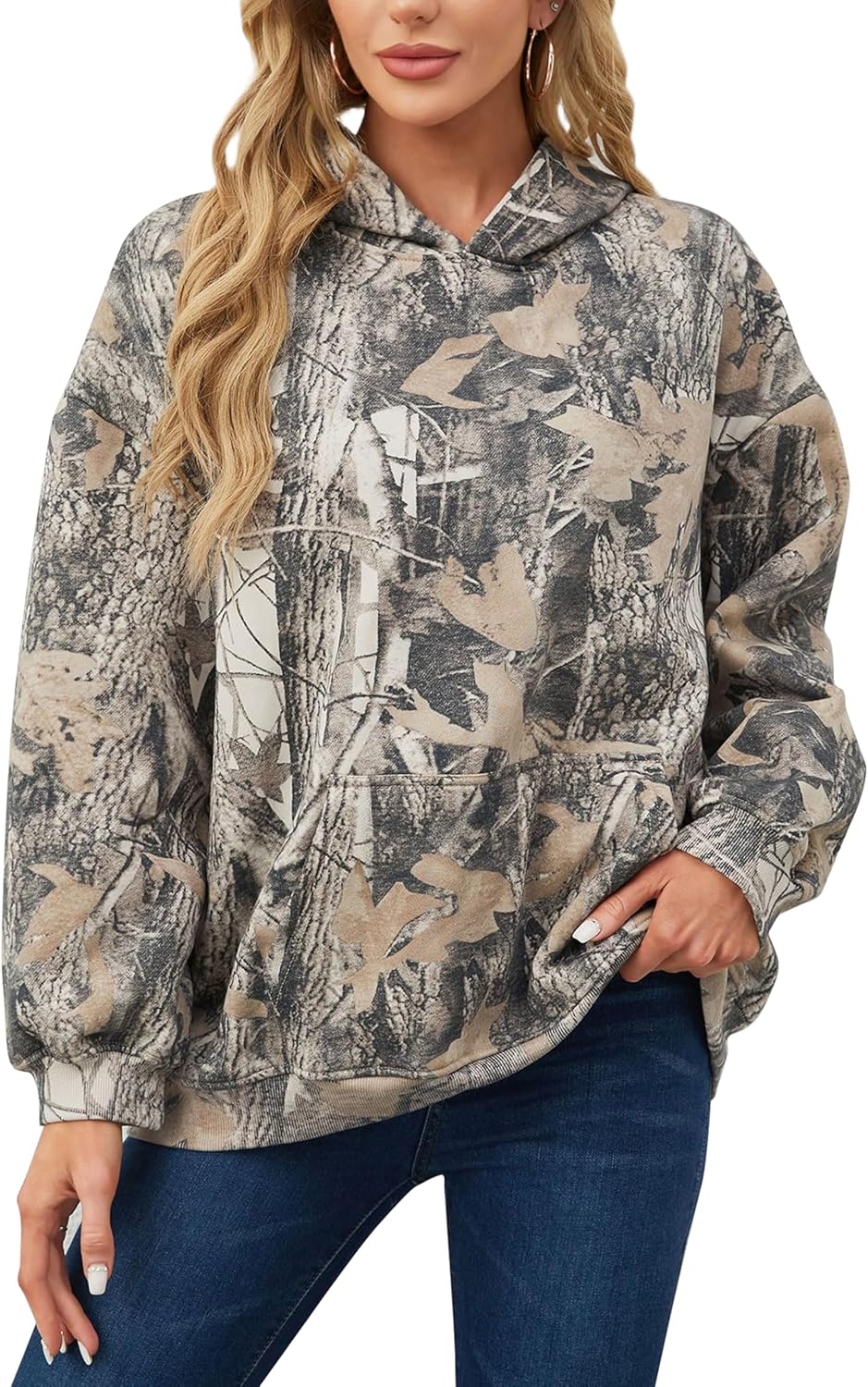Camo Hoodie for Men Women Oversized Fleece Maple Leaf Sweatshirt