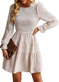Long Sleeve Dress for Women Smocked Floral Ruffle A-Line Mini