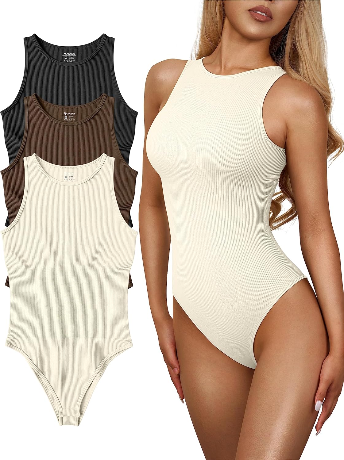 OQQ Women's 3 Piece Bodysuits Sexy Ribbed Halter Neck Tops