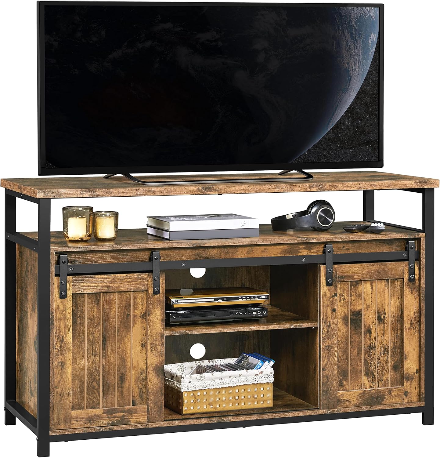 Rustic Brown Farmhouse TV Stand with Sliding Barn Doors