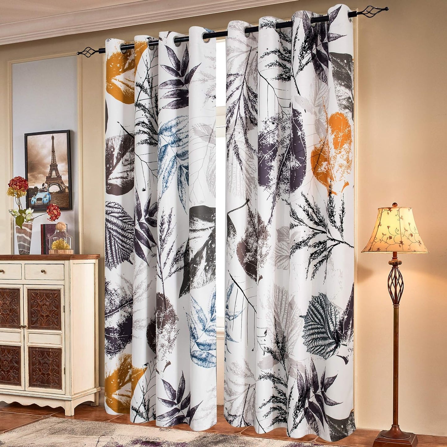 SUBRTEX Light Filtering Curtains for Living Room, Gray Floral Drapes