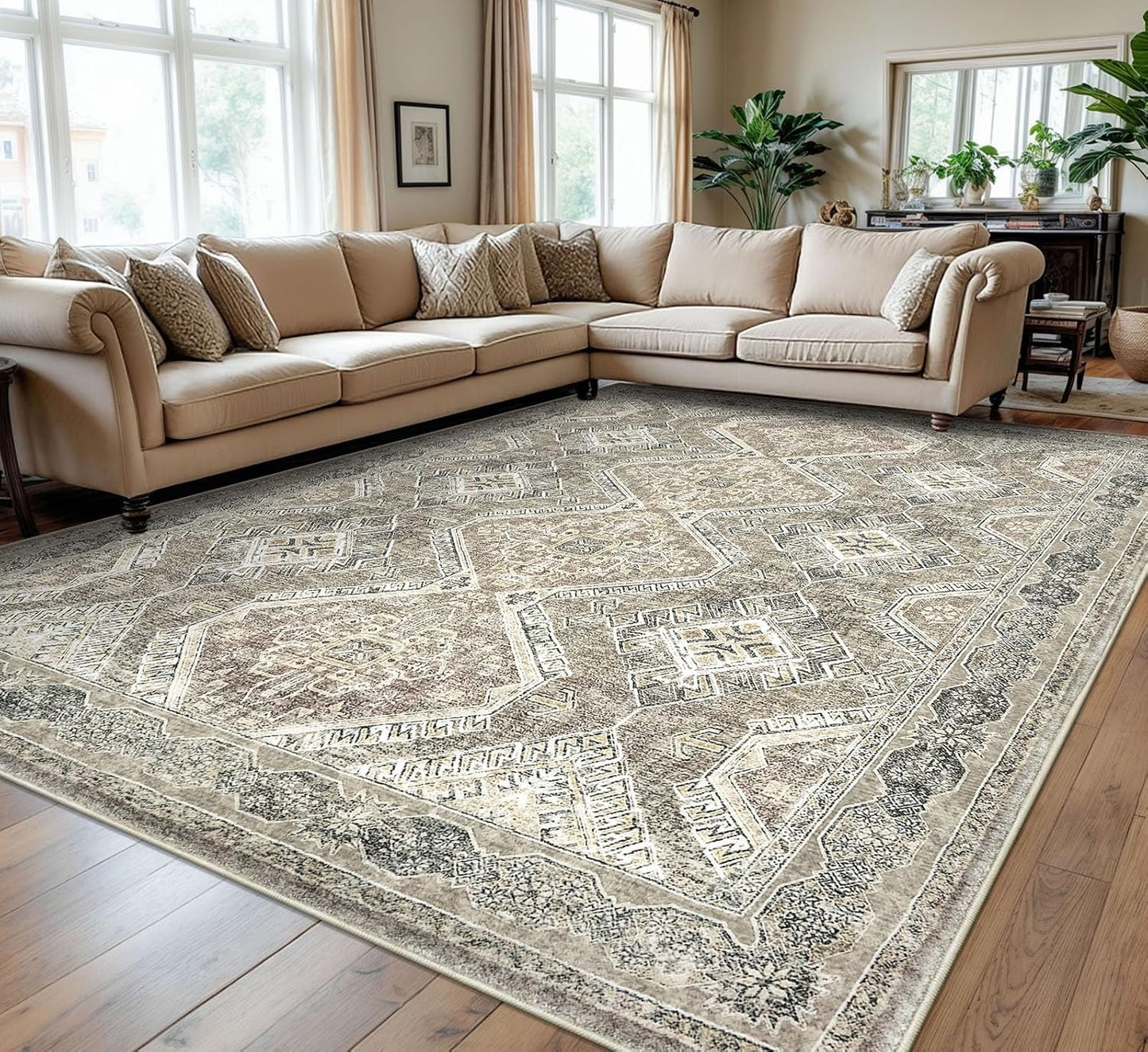 KUTA Ivory Grey Yellow Oriental Medallion Area Rug 9x12 Feet