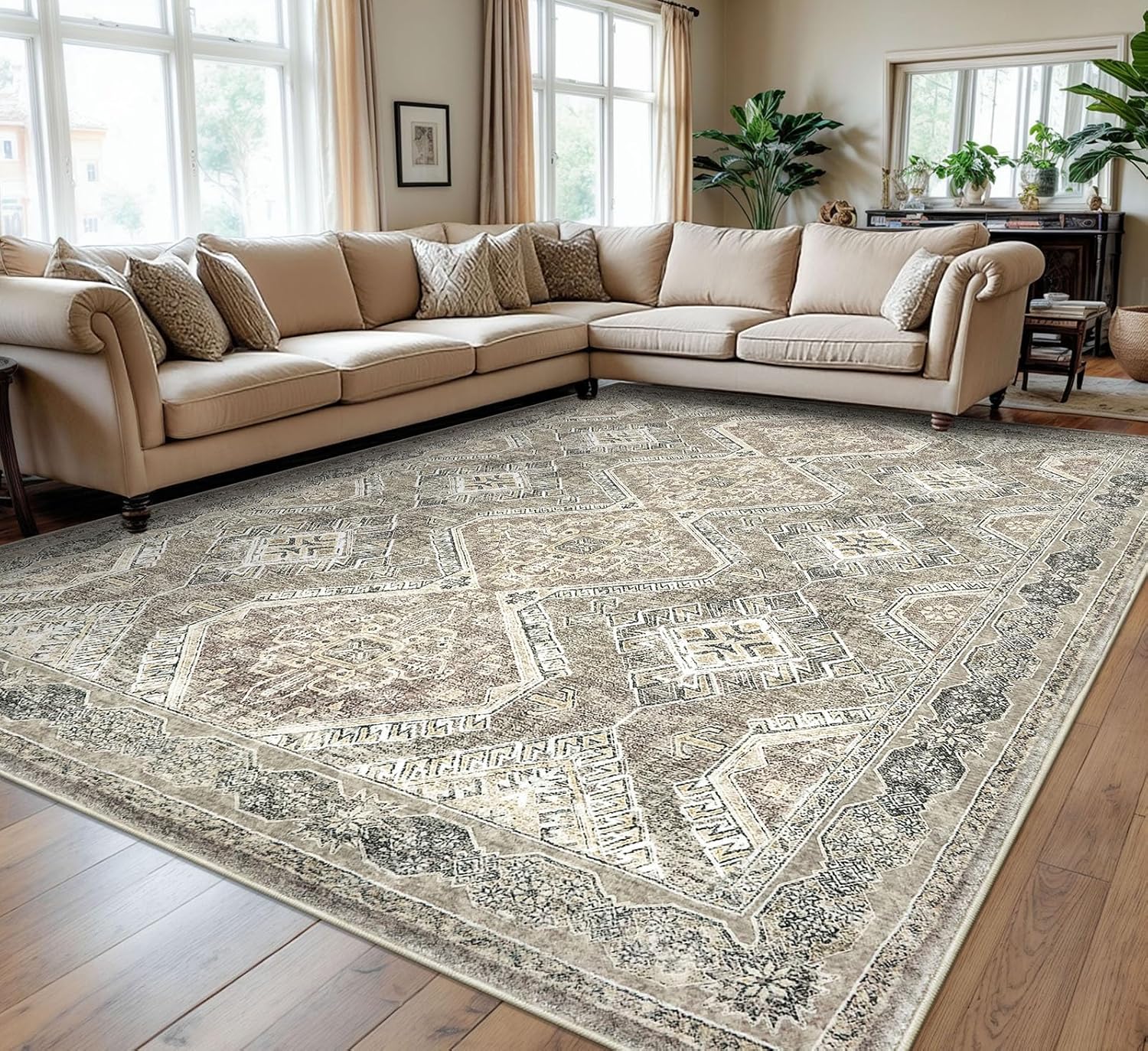 KUTA Ivory Grey Yellow Oriental Medallion Area Rug 9x12 Feet