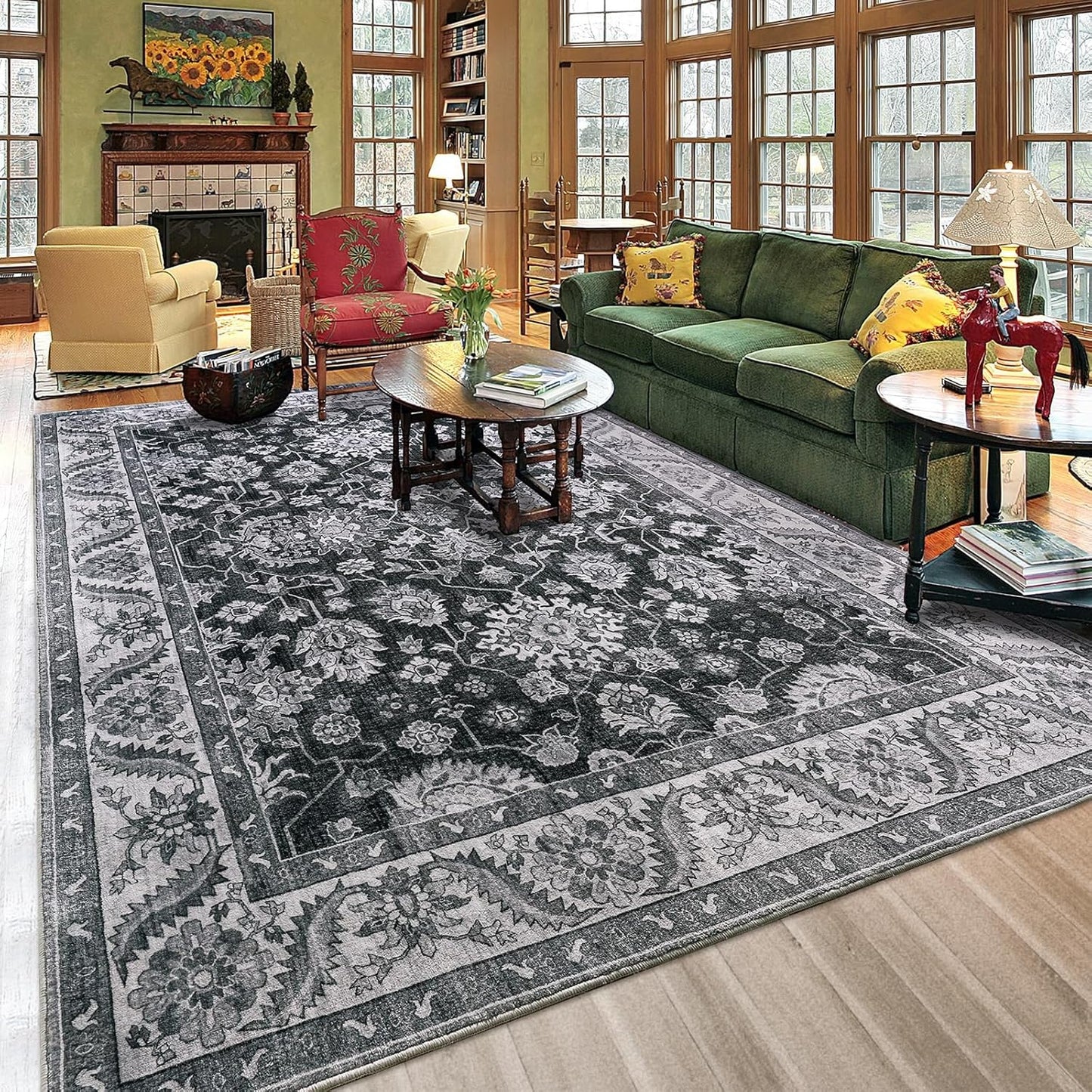 Retro Floral Non-Slip Area Rugs for Living Room and Bedroom
