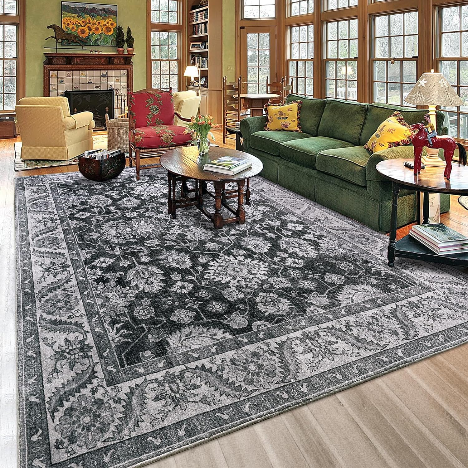 Retro Floral Non-Slip Area Rugs for Living Room and Bedroom