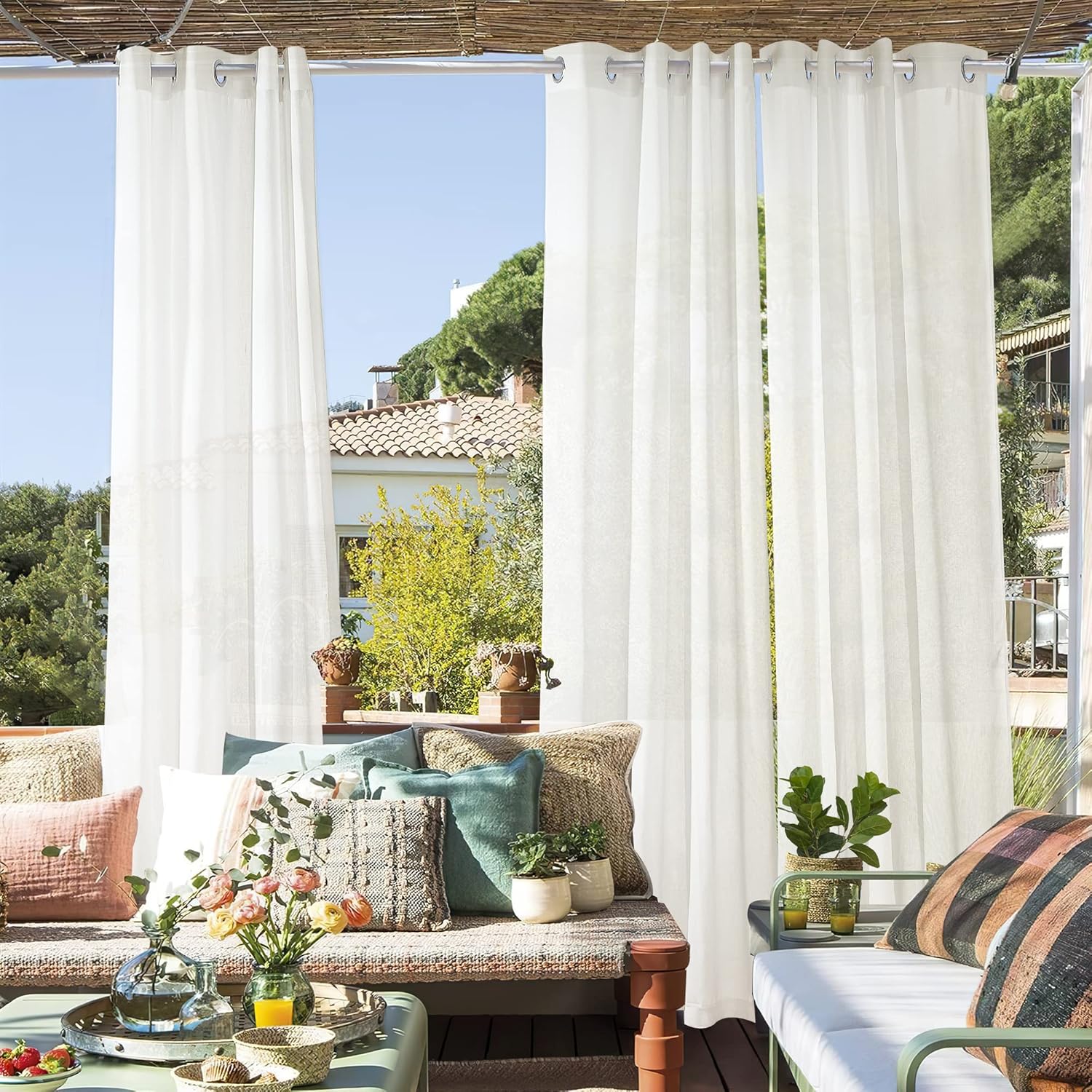 RYB HOME Sheer Curtains for Patio Outdoor, Linen Textured Panels