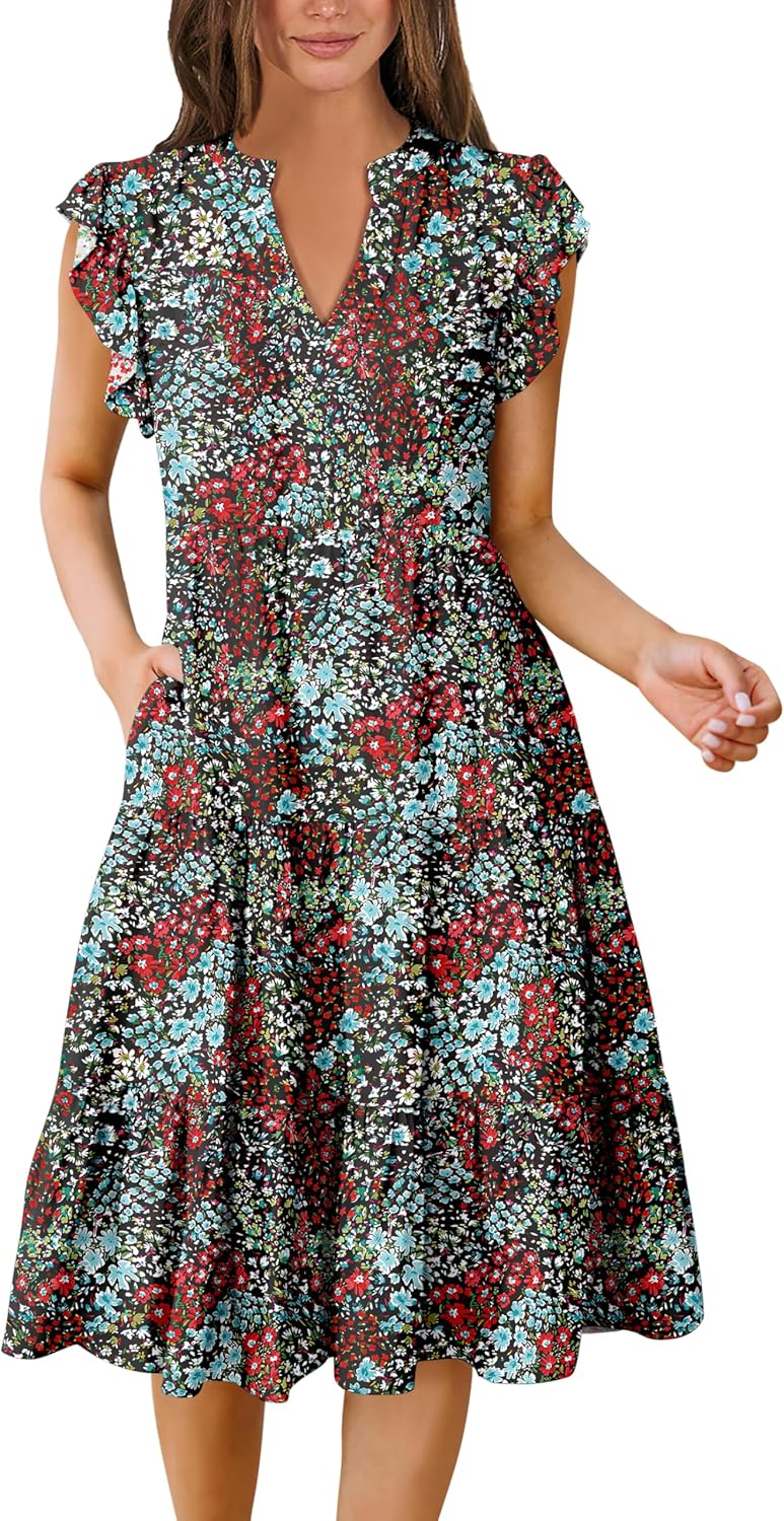 Womens Summer Dress Ruffle Sleeve V Neck Midi Casual Sundress