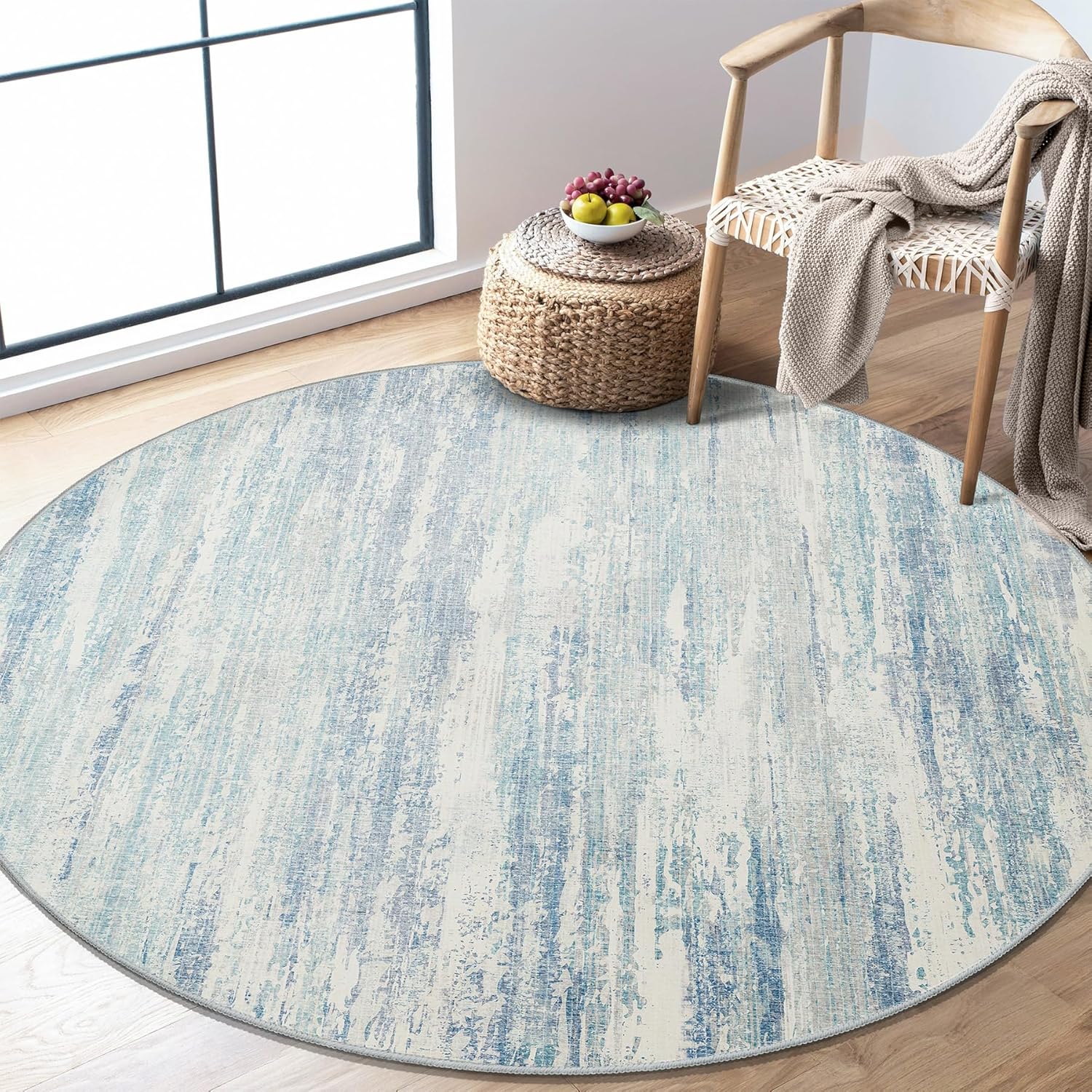 MUJOO Round Rug 4ft - Modern Abstract Non Slip Accent Carpet