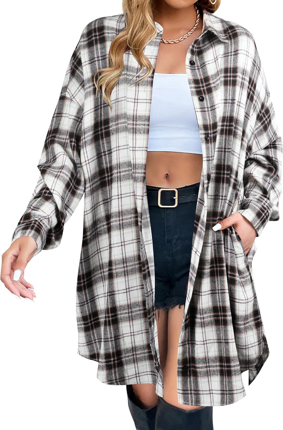 Plaid Shacket Long Sleeve Button Down Flannel Shirts for Women