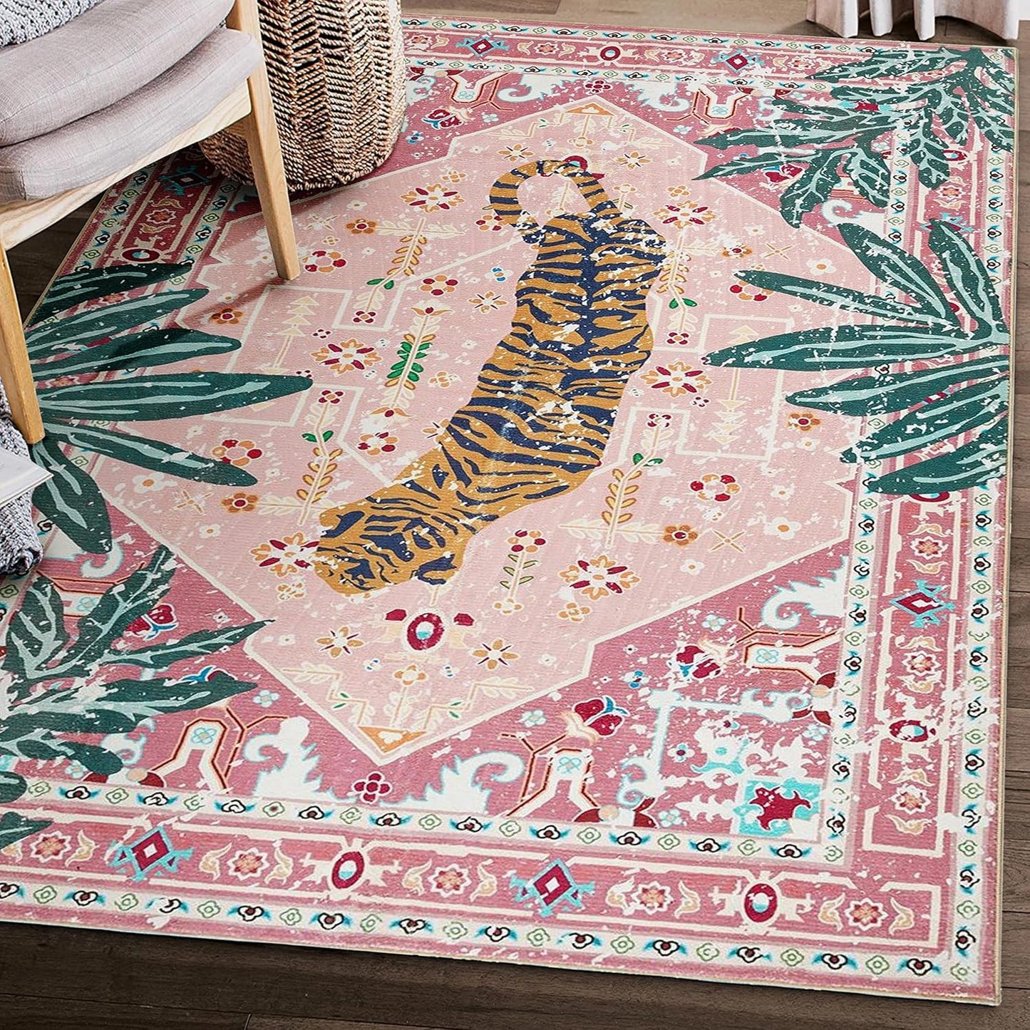 Washable Pink Rugs Boho Vintage Tropical Jungle 5x7 Area Rug