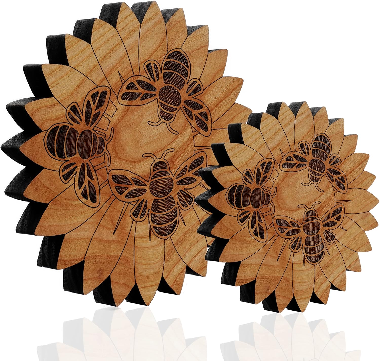 Hand Crafted Cherry Wood Trivets with Honey Bees Design