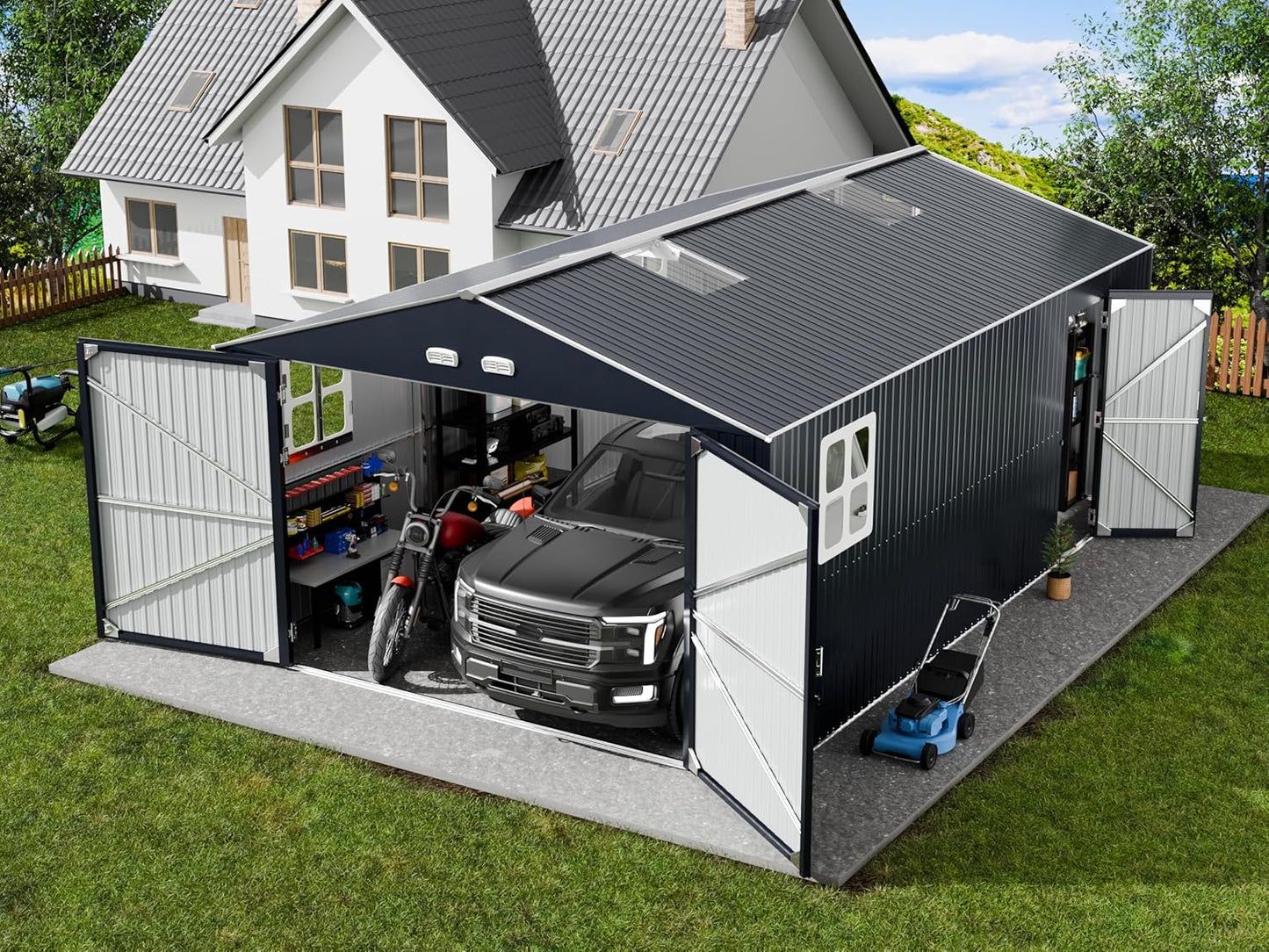 Metal Garage Shed 13x20x8.5ft for Car, Boat, and Tool Storage