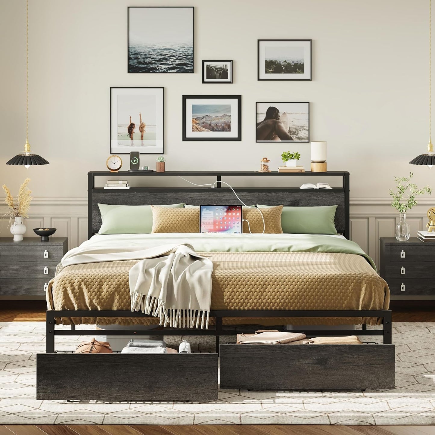 LIKIMIO California King Bed Frame with Storage and Charging Station