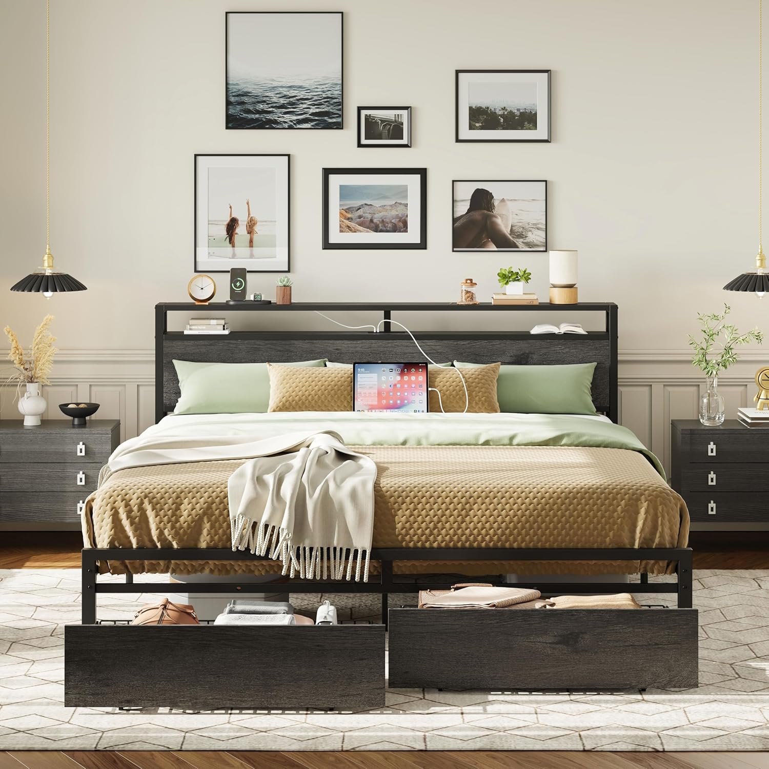LIKIMIO California King Bed Frame with Storage and Charging Station