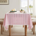 Hemstitched Embroidery Striped Boho Tablecloth 60x104 in - Pink Linen