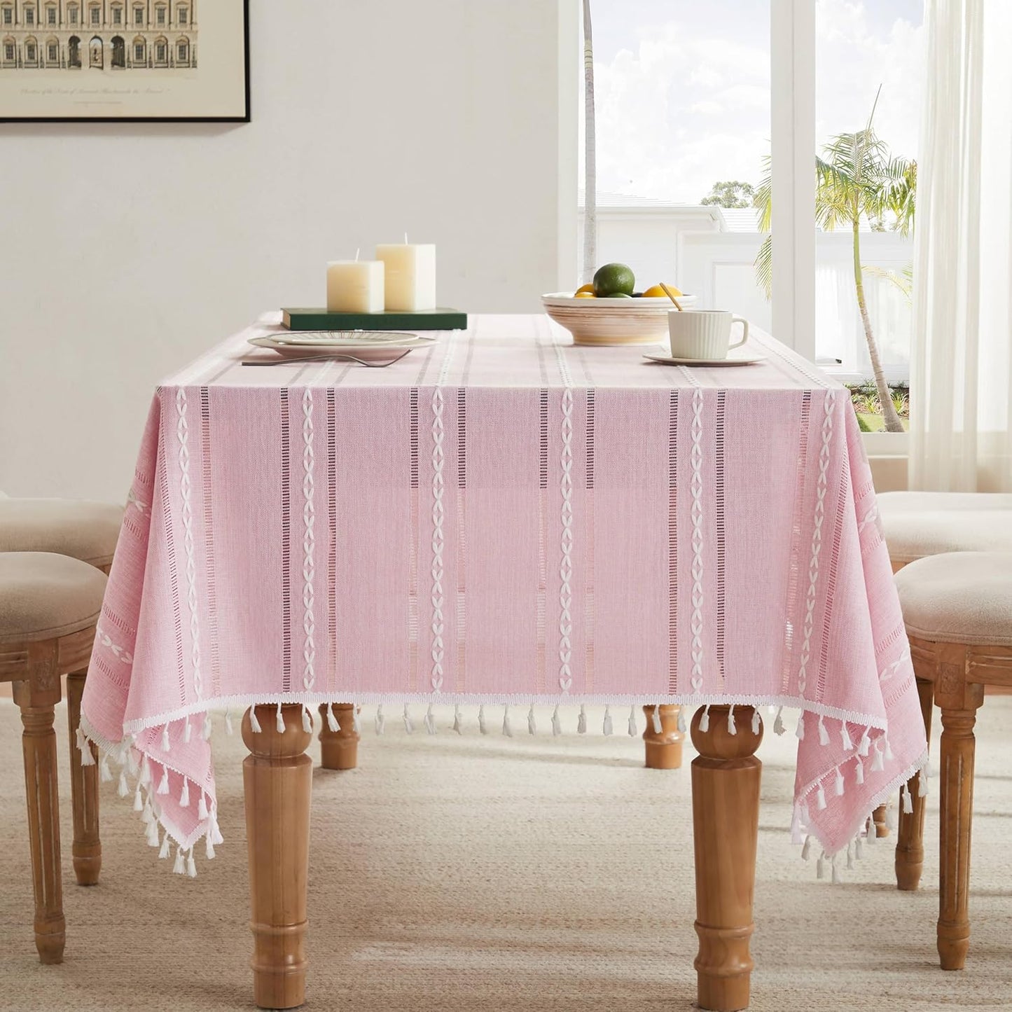 ZeeMart Hemstitched Embroidery Striped Boho Tablecloth for Style