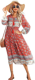 Women's Long Sleeve Floral Bohemian Midi Dress - Soft Cotton Blend
