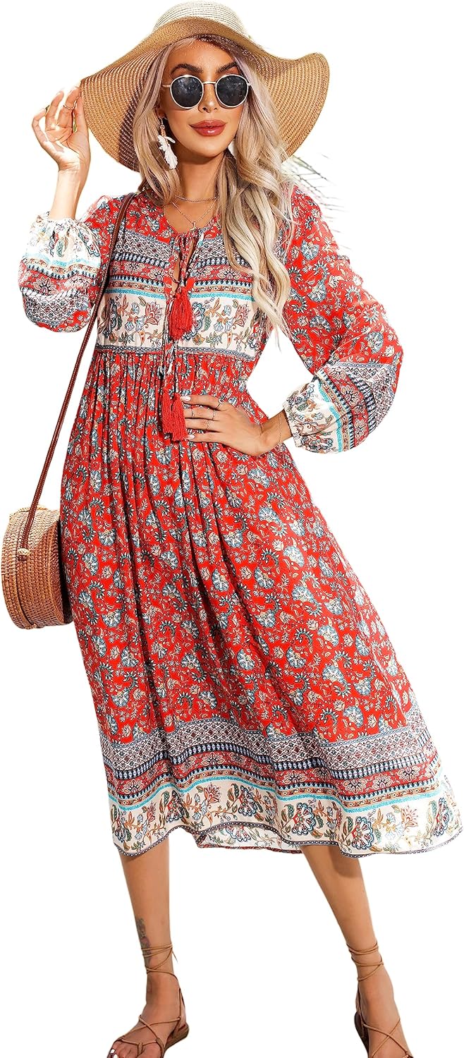 R.Vivimos Women's Long Sleeve Floral Print Bohemian Midi Dress