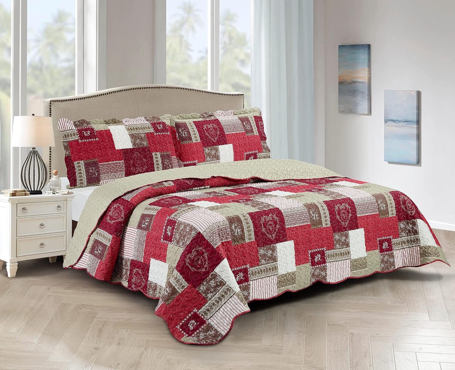 Brilliant Sunshine Burgundy Heart Love Quilt Set for King Size