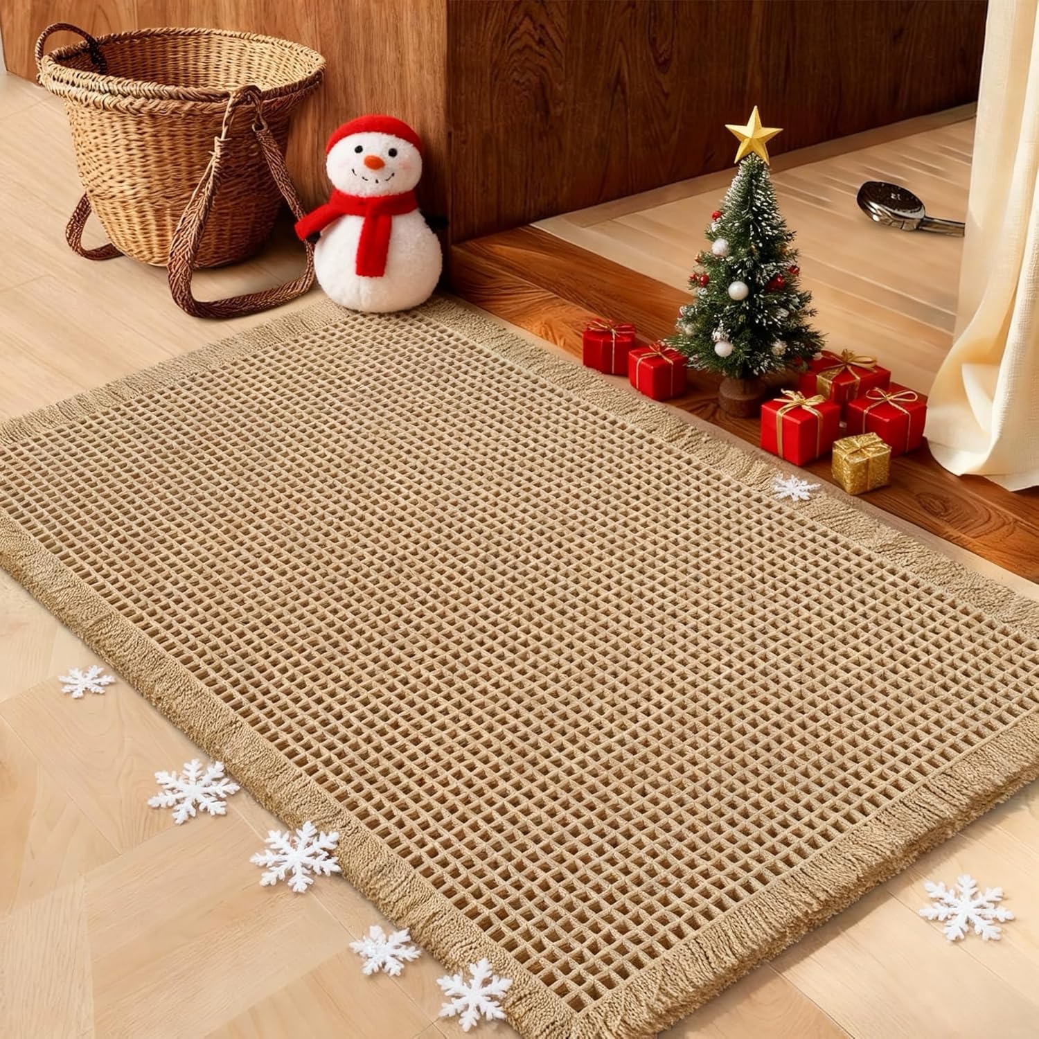 Waffle Bath Mat Beige 36in x 24in, Soft Non Slip Bathroom Rug