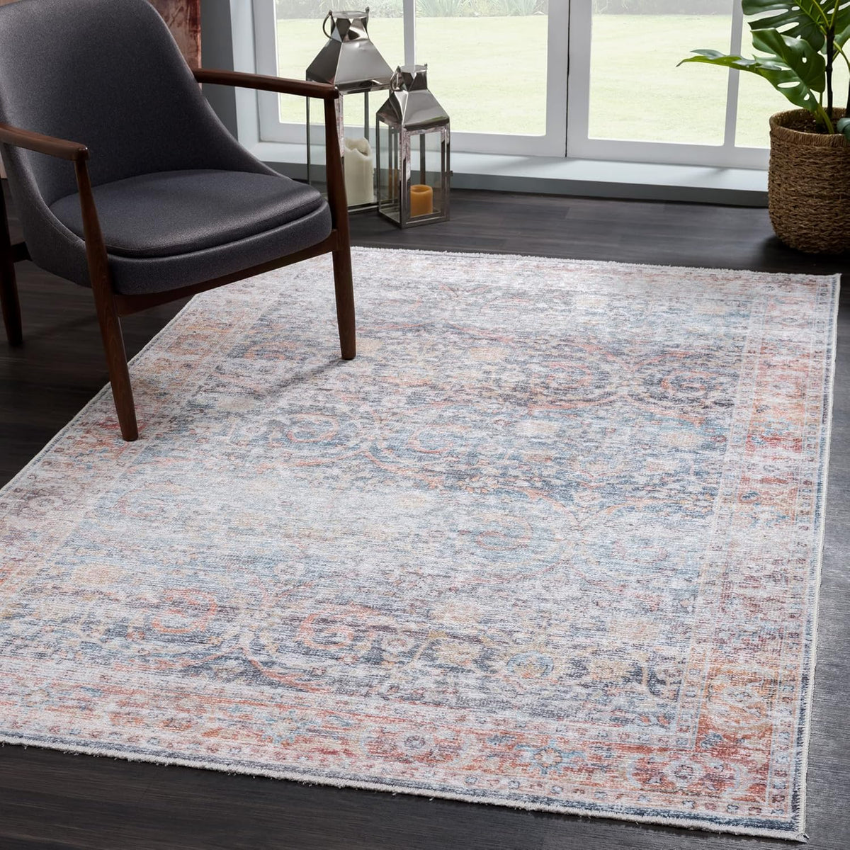 Caria Washable Non-Slip 9x12 Rug - Ocean Blue/Brick Design