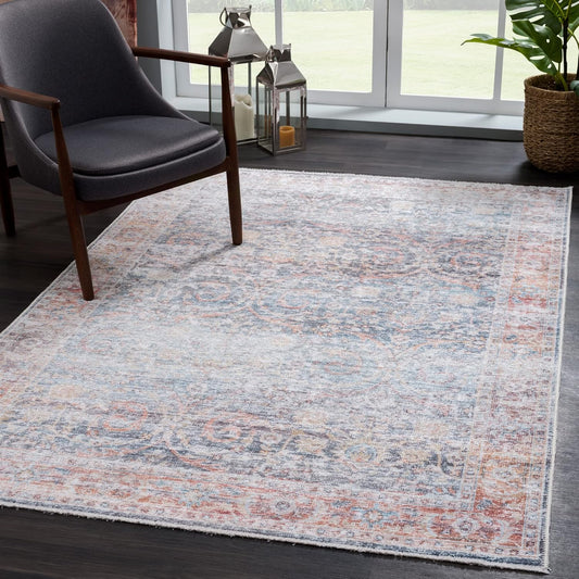 Caria Washable Non-Slip 9x12 Rug - Ocean Blue/Brick Design