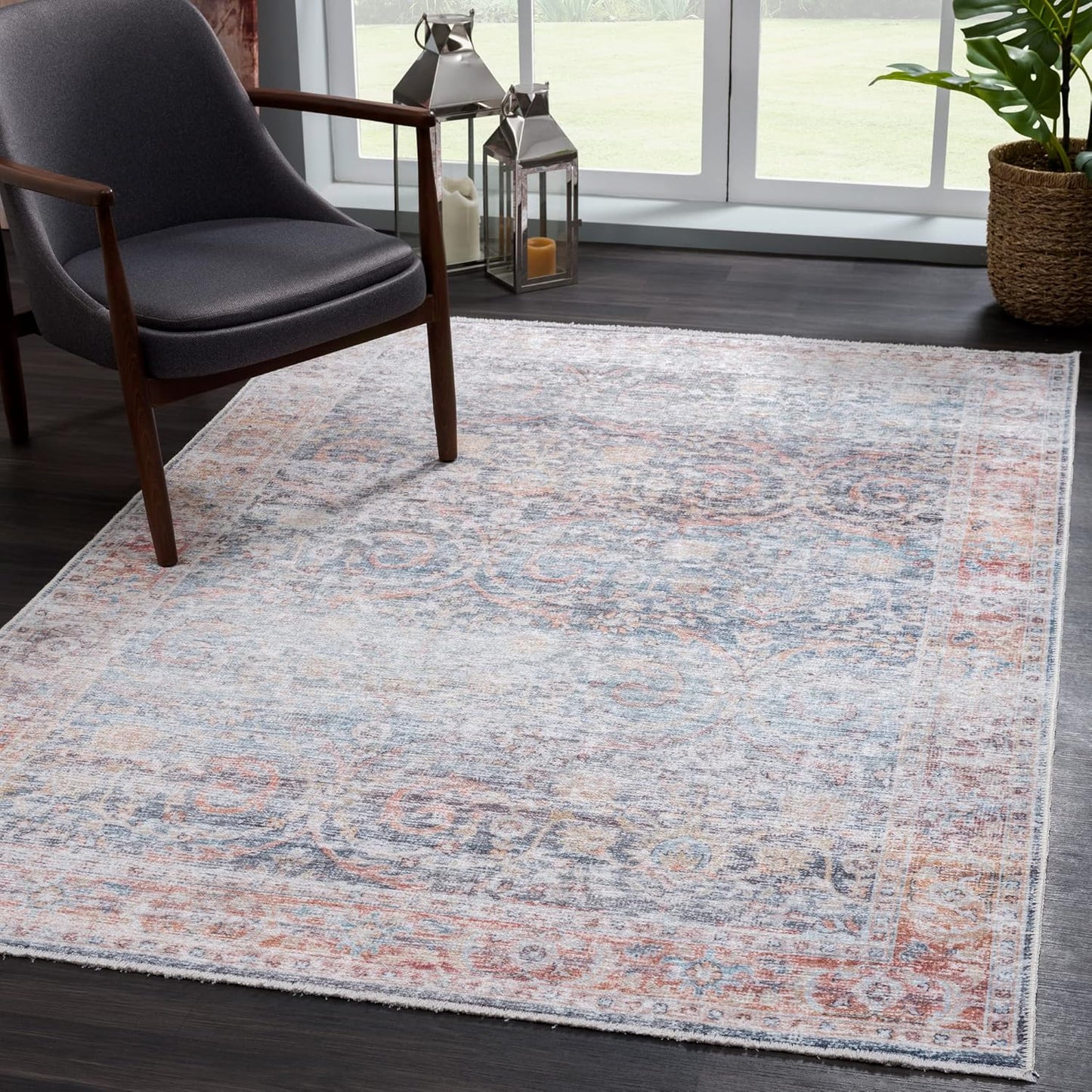 Caria Washable Non-Slip 8x10 Rug - Ocean Blue/Brick Design