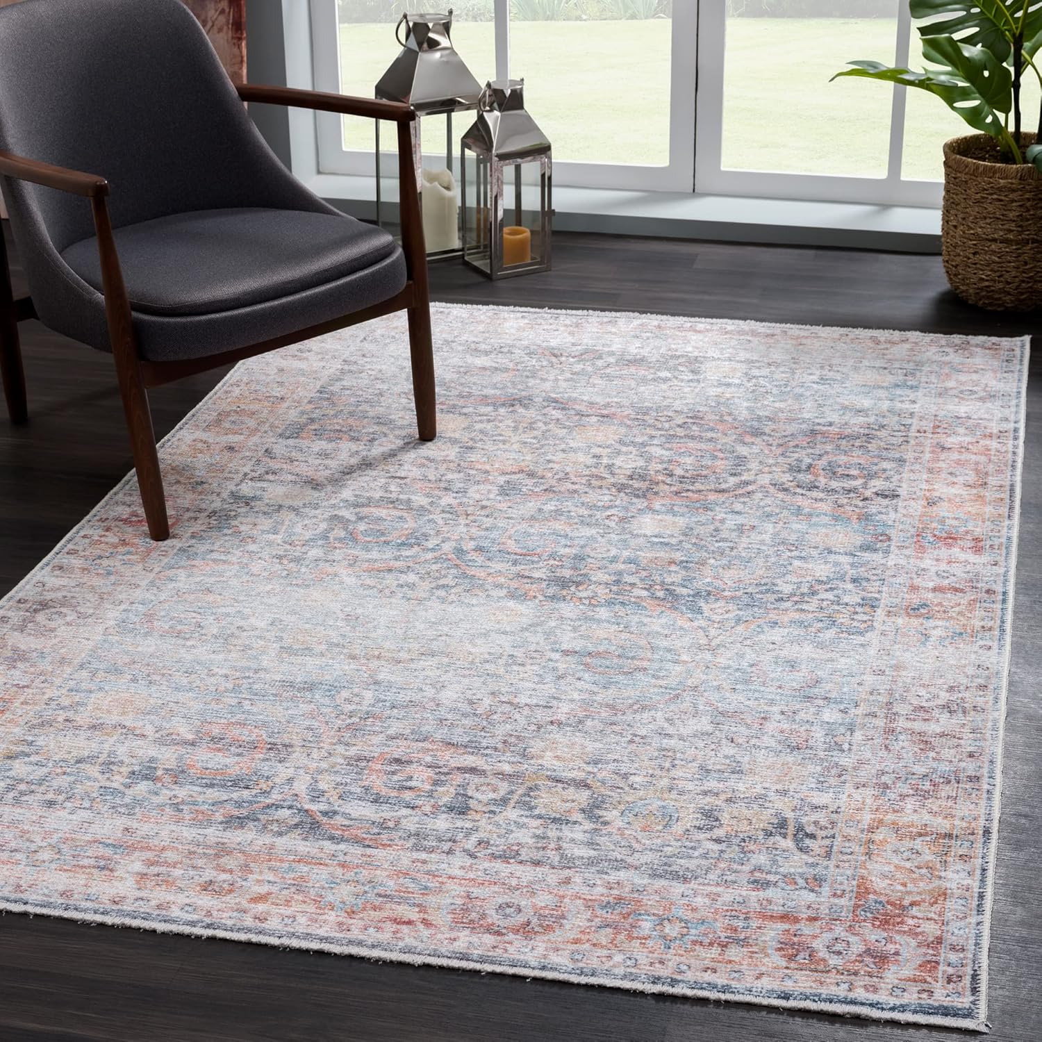 Caria Washable Non-Slip 8x10 Rug - Ocean Blue/Brick Design