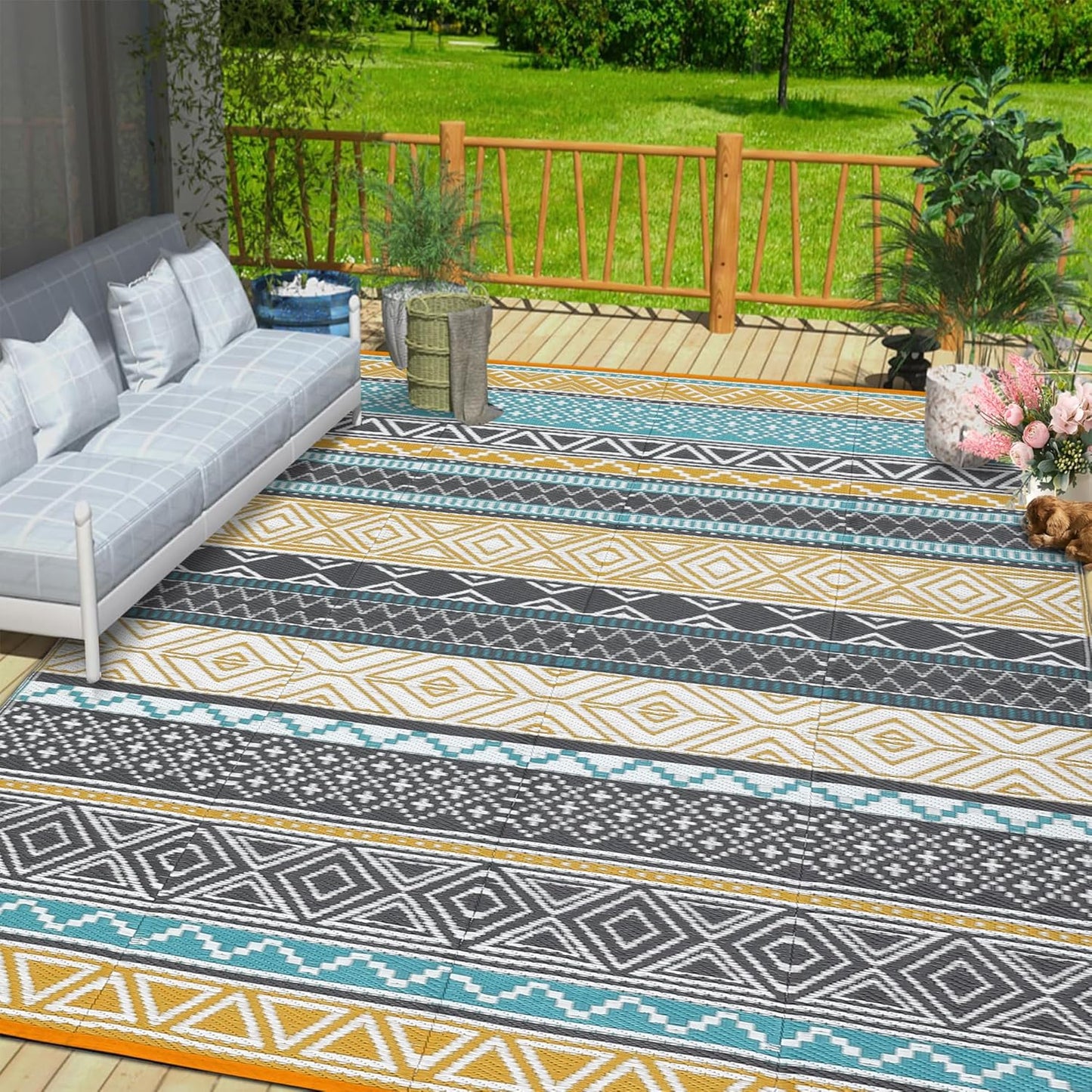 Outdoor Patio Rug 9x12 Waterproof Vintage Bohemian Mats