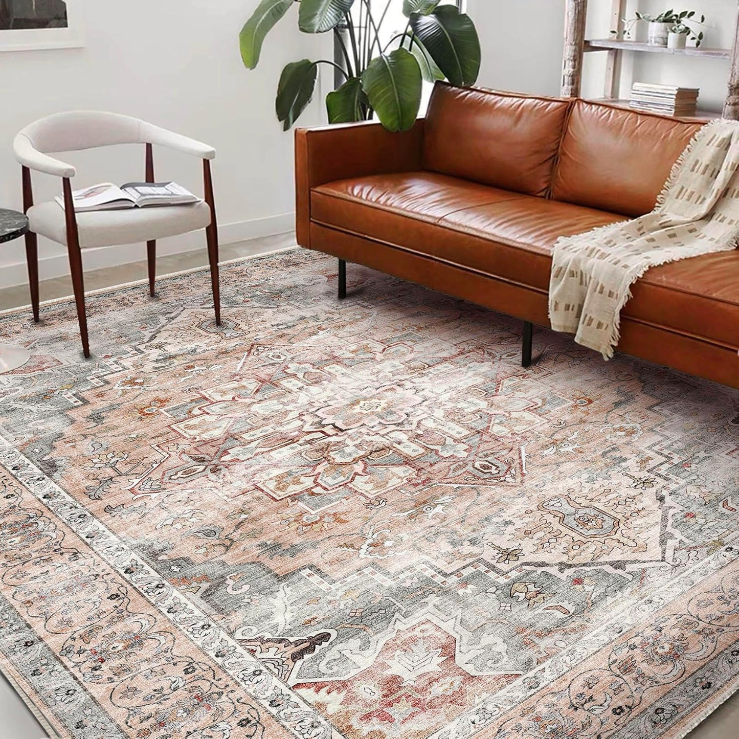 Washable Area Rug 8ftx10ft Light Cyan Retro Boho Design