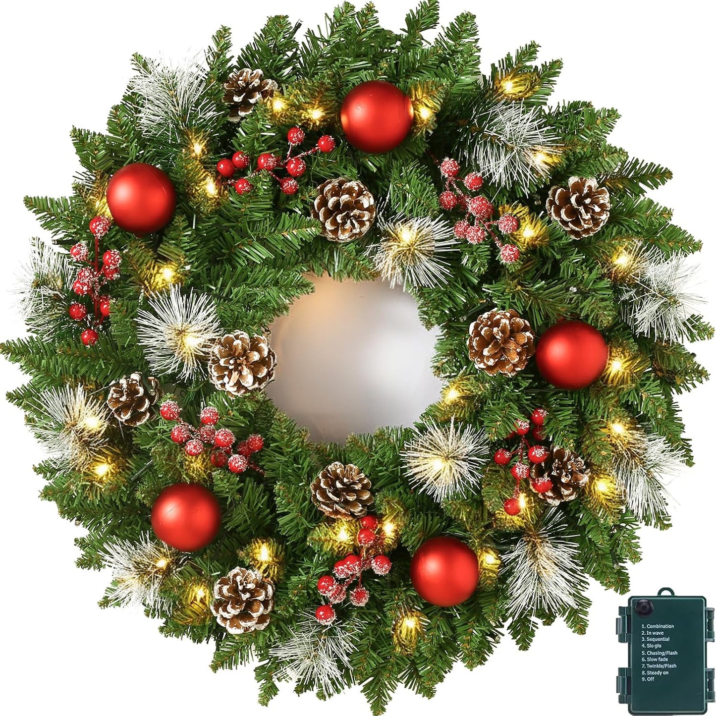 24 Inch Pre-Lit Artificial Christmas Wreath for Front Door Decor