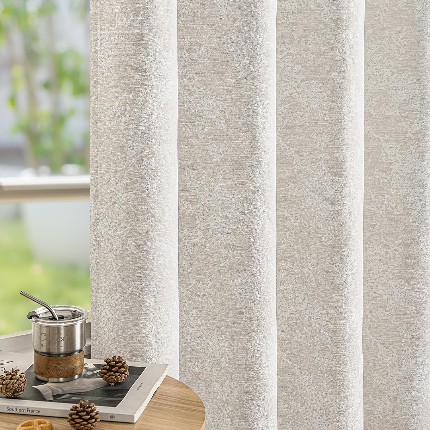 Elegant Beige Floral Jacquard Blackout Curtains for Home Decor