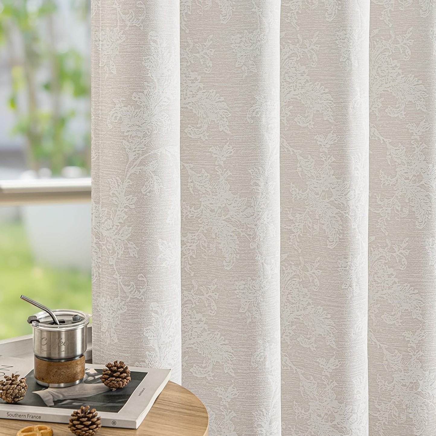 FMFUNCTEX Beige Floral Jacquard Blackout Curtains for Home