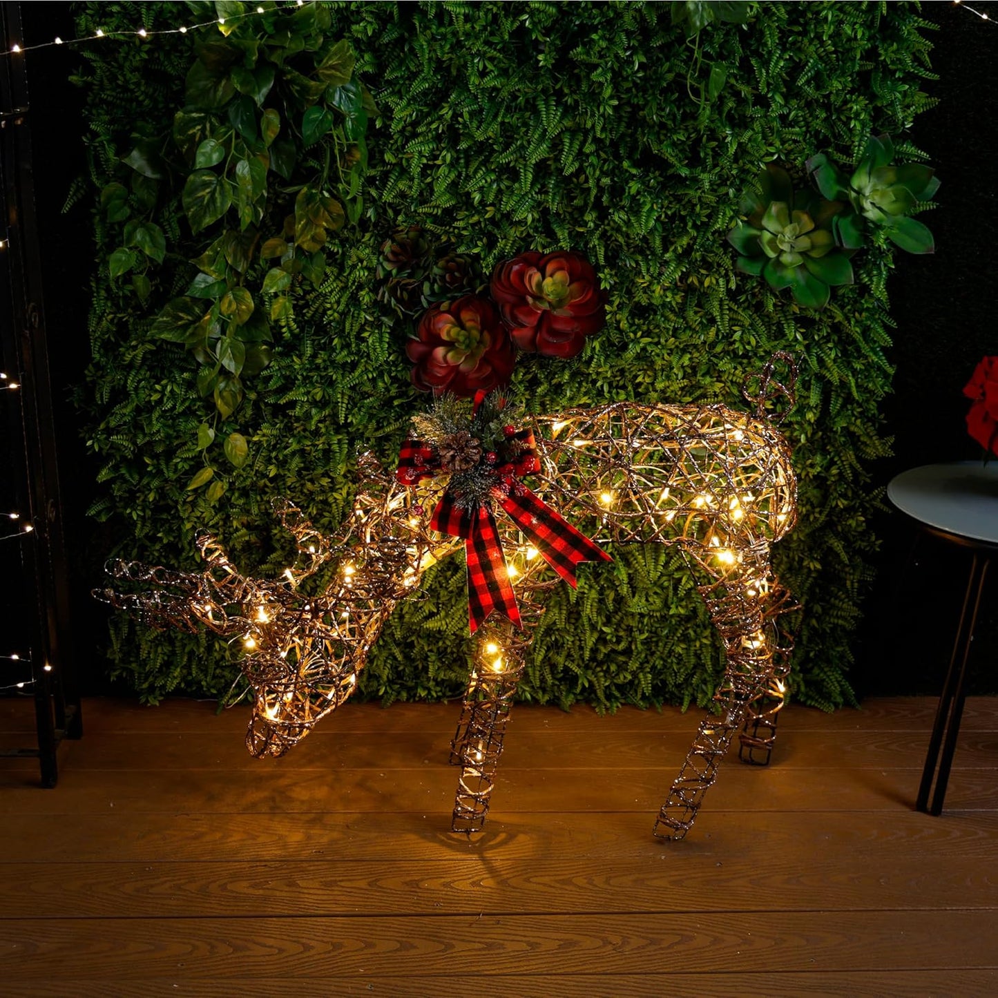 27 Tall Rattan Grazing Reindeer with Bow and LED Lights