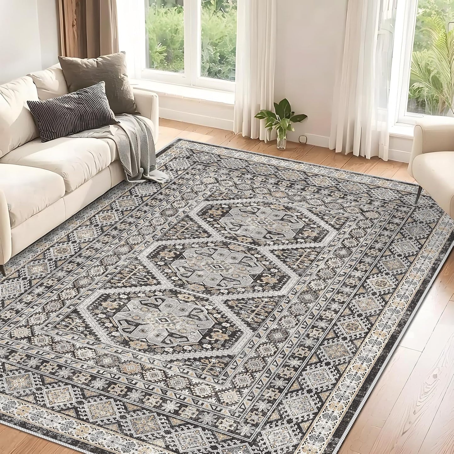 Washable Living Room Area Rug 5x7 Soft Vintage Non Slip Design
