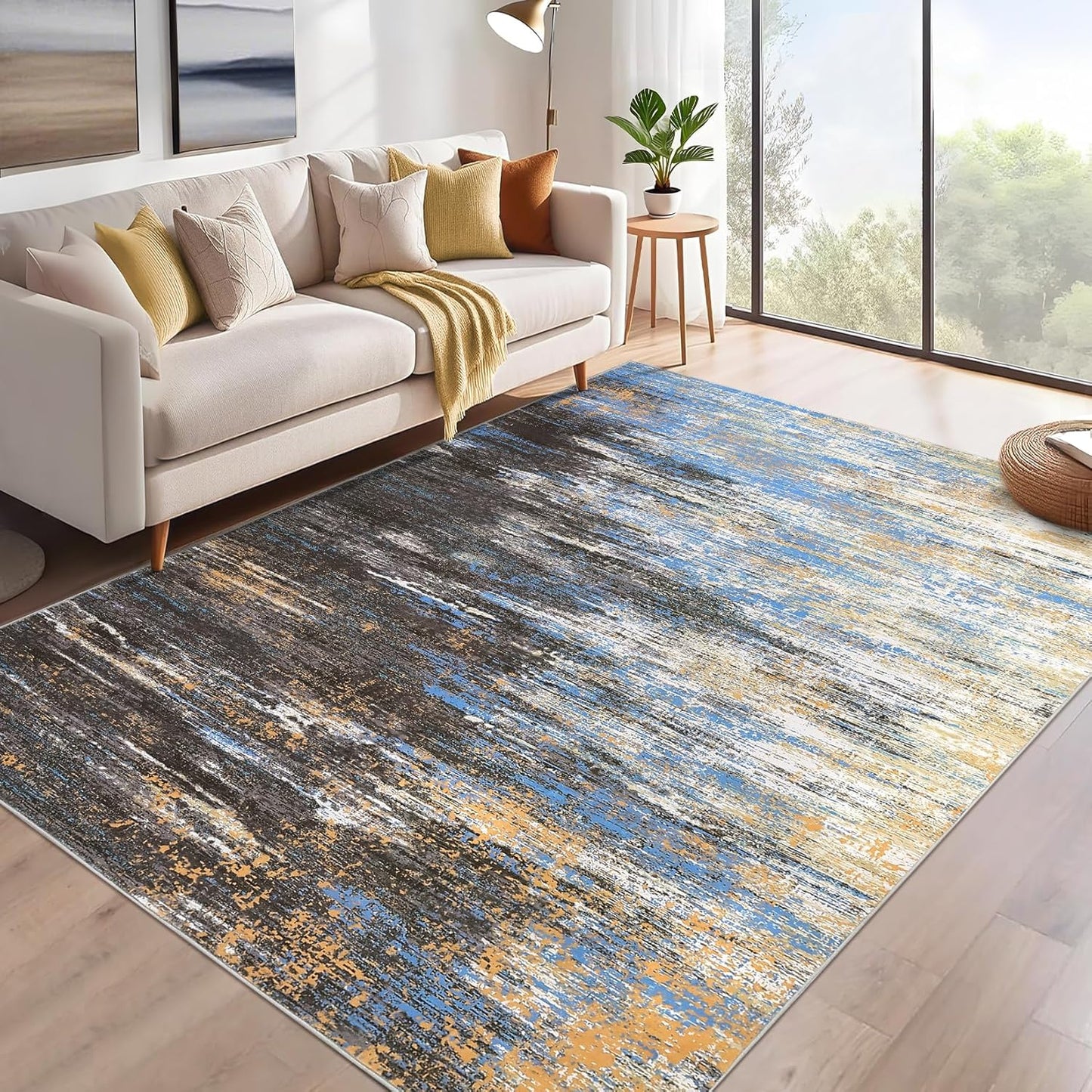 Washable 5x7 Abstract Area Rug for Living Room and Bedroom