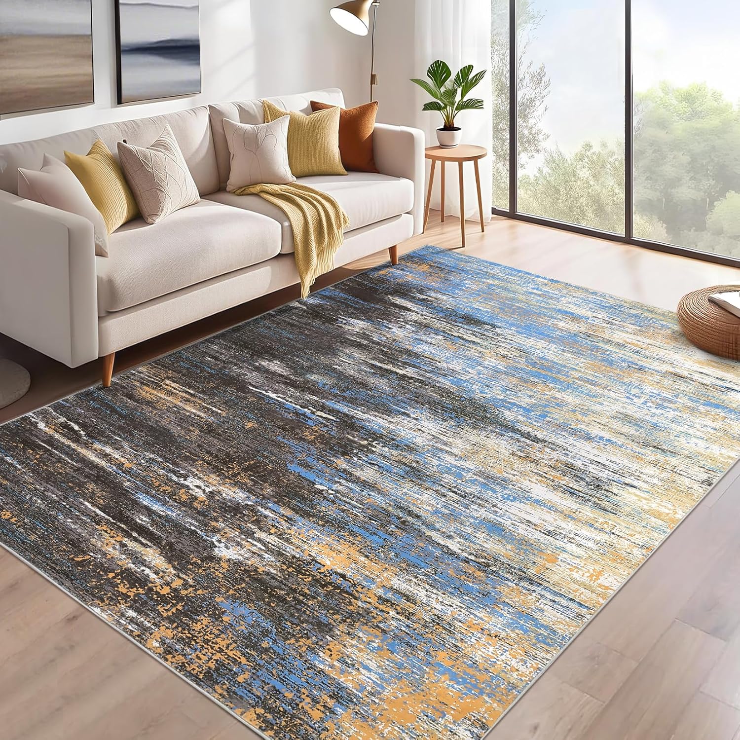 Washable 5x7 Abstract Area Rug for Living Room and Bedroom