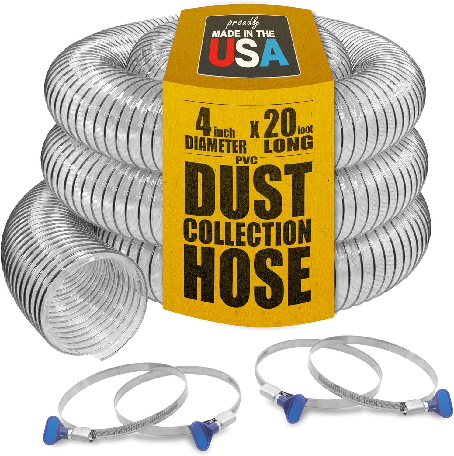 Clear PVC Dust Collection Hose with Thumbscrew Clamps - 20ft Long