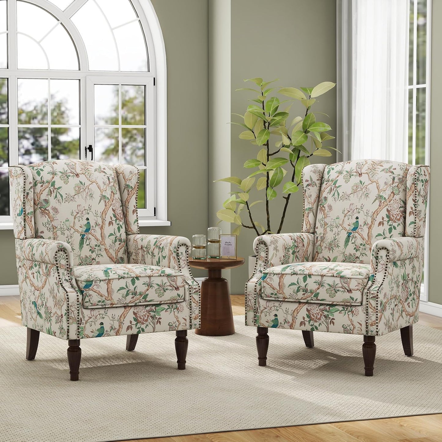 Cozy Wingback Armchairs for Small Spaces, Set of 2, Bird Floral