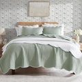 Sage Green Twin Quilt Bedding Set - Cozy Farmhouse Scalloped Coverlet