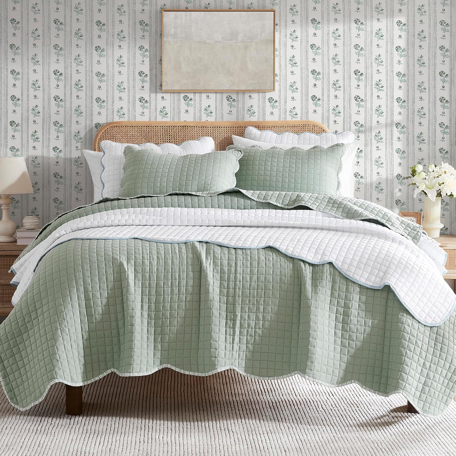 Sage Green Twin Size Quilt Bedding Set for Cozy Farmhouse Style