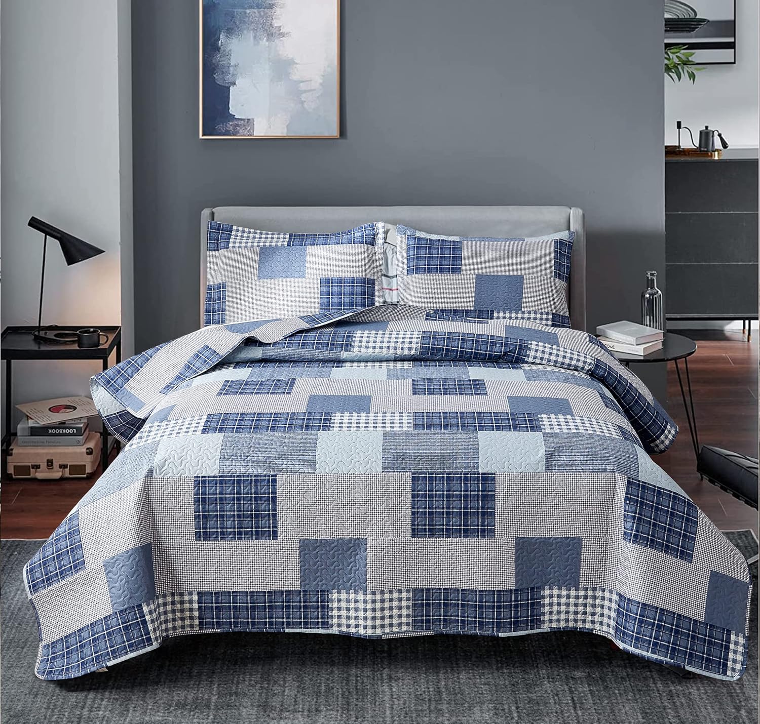 Twin Size Plaid Quilt Set - Modern Lightweight Bedspread