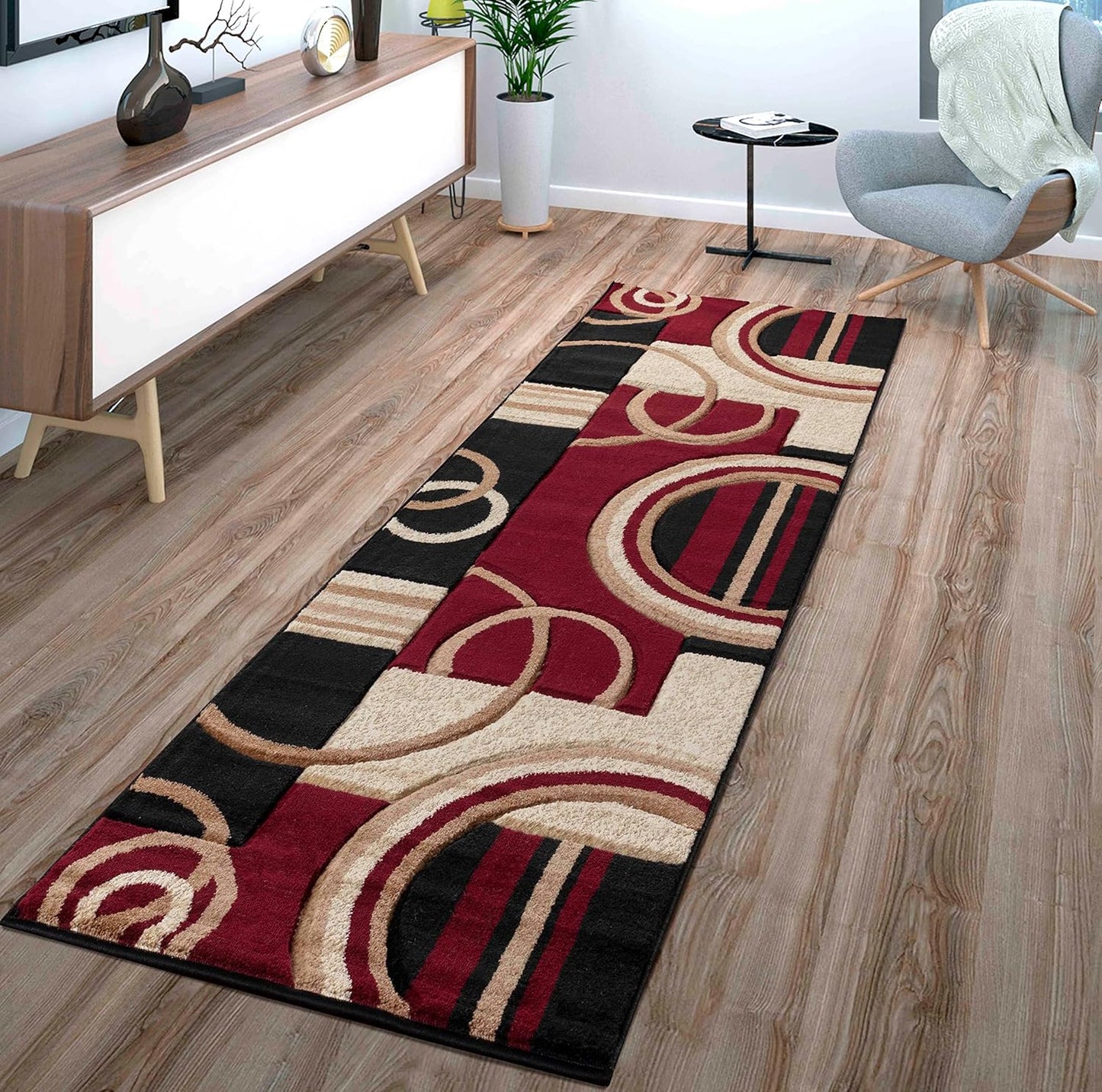 Modern Area Rug 2x7 Dark Red Soft Hand Carved for Home