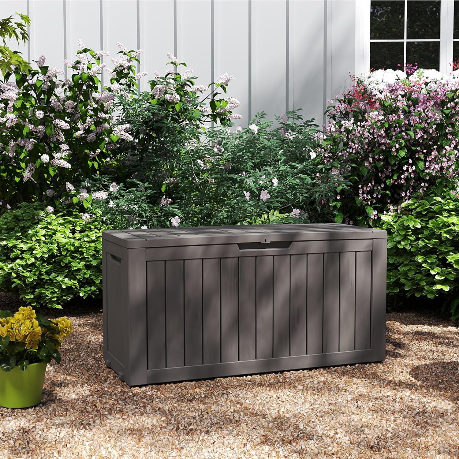80 Gallon Coffee Resin Deck Box for Rustic Outdoor Storage
