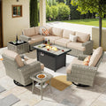 Beige 10-Piece Outdoor Sectional Patio Set with Fire Pit - Deep Seat