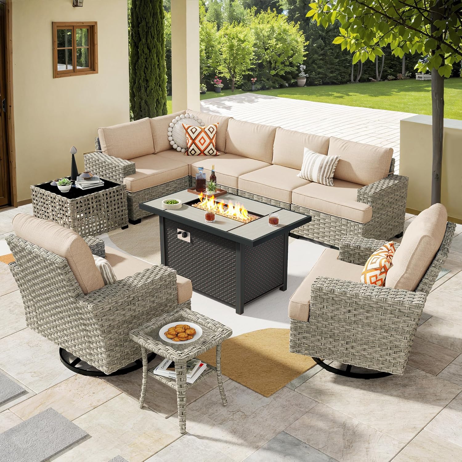 HOOOWOOO Outdoor Sectional Patio Furniture Set with Fire Pit